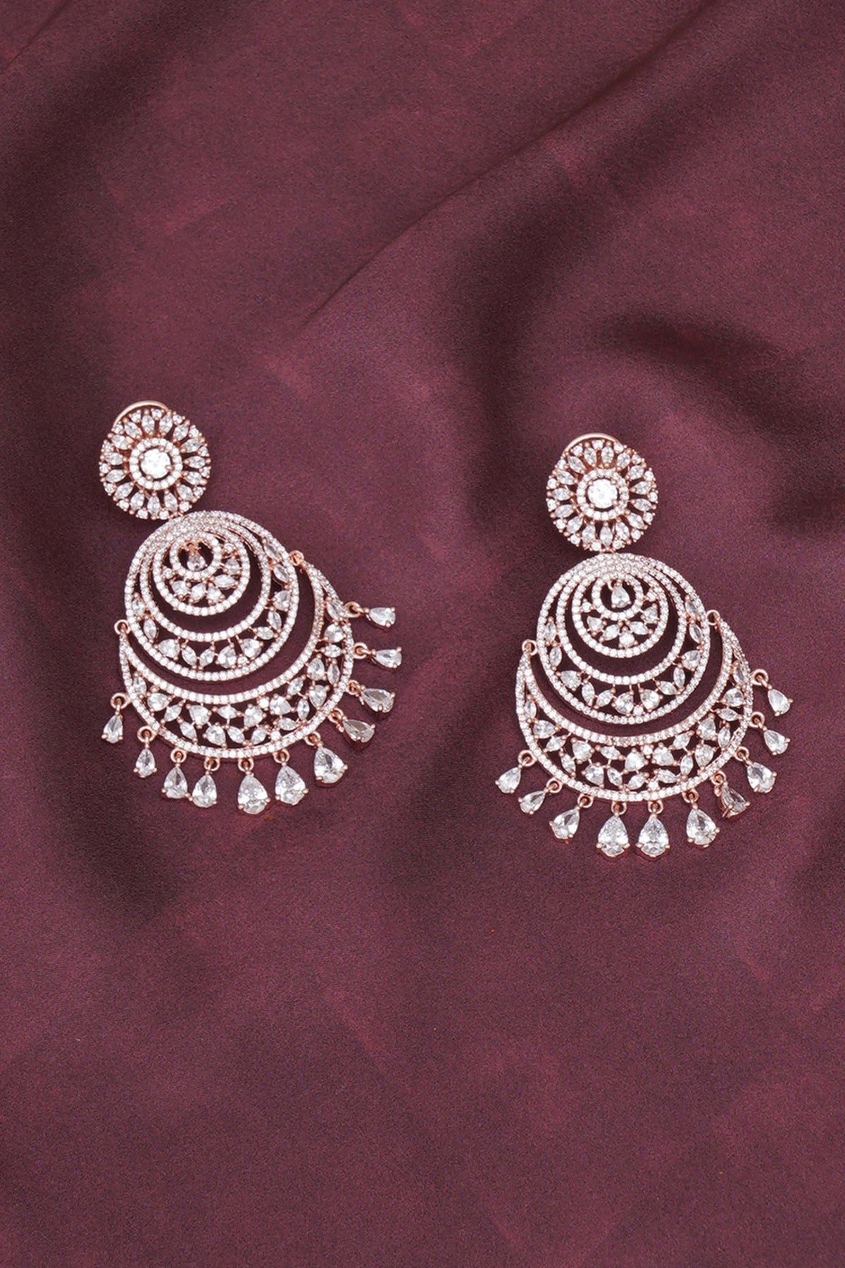 Rose Gold Finish Zircon Chandbali Earrings