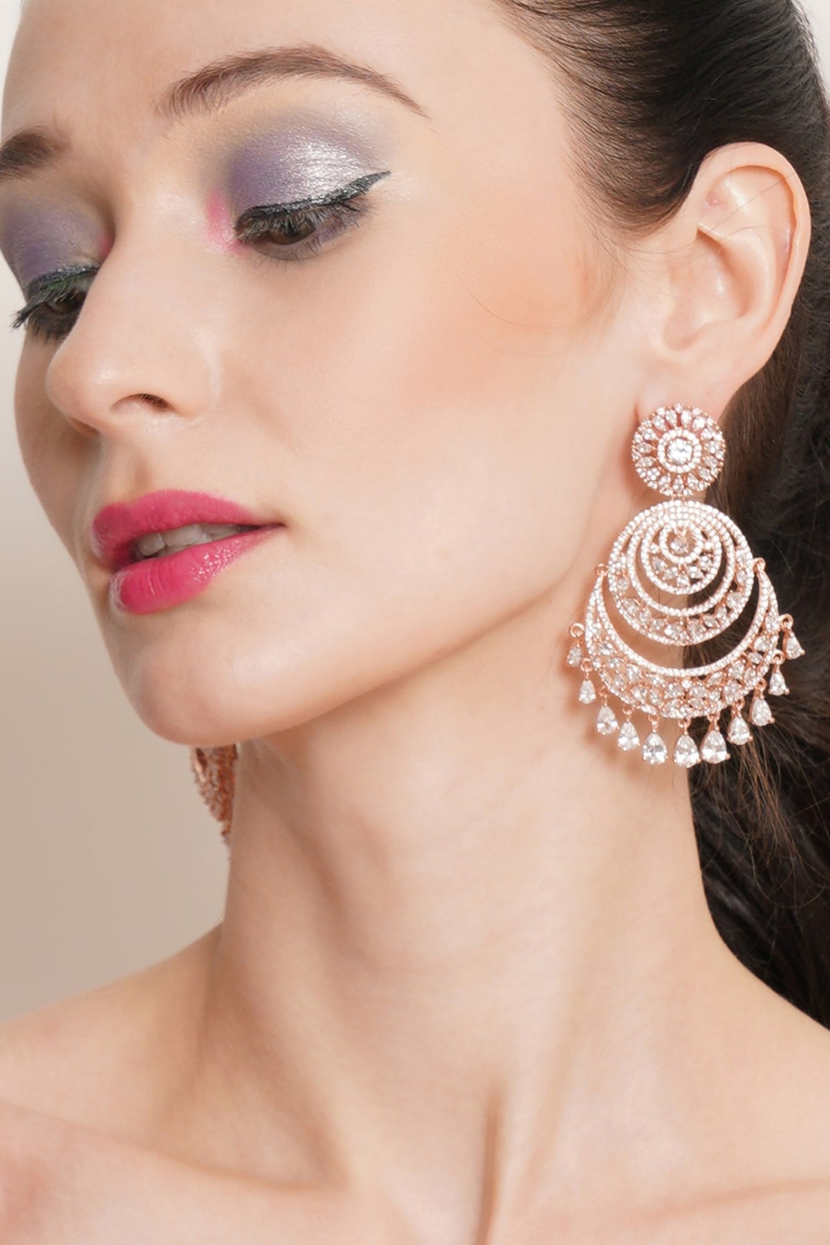 Rose Gold Finish Zircon Chandbali Earrings