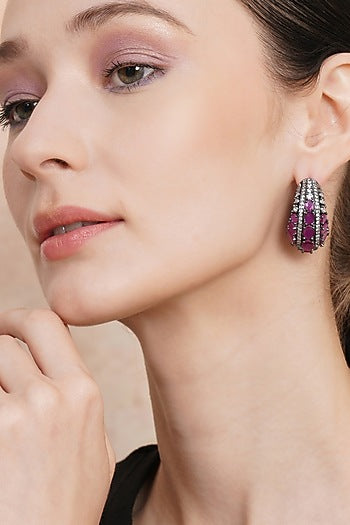 Black Rhodium Finish Maroon Zircon Hoop Earrings