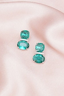 White Finish Jade & Zircon Stud Earrings