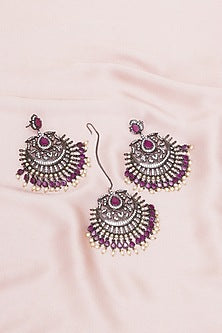 Black Rhodium Finish Maroon Stone & Zircon Dangler Earrings With Maangtikka