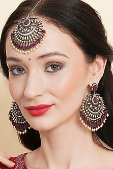 Black Rhodium Finish Maroon Stone & Zircon Dangler Earrings With Maangtikka