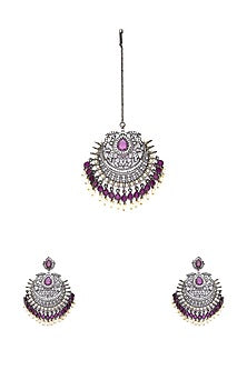Black Rhodium Finish Maroon Stone & Zircon Dangler Earrings With Maangtikka