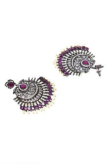 Black Rhodium Finish Maroon Stone & Zircon Dangler Earrings With Maangtikka