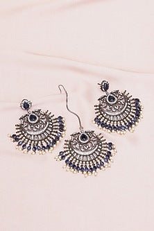 Black Rhodium Finish Blue Stone & Zircon Dangler Earrings With Maangtikka