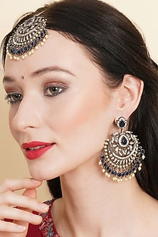 Black Rhodium Finish Blue Stone & Zircon Dangler Earrings With Maangtikka
