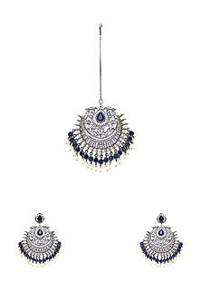 Black Rhodium Finish Blue Stone & Zircon Dangler Earrings With Maangtikka