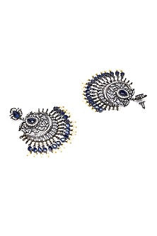 Black Rhodium Finish Blue Stone & Zircon Dangler Earrings With Maangtikka