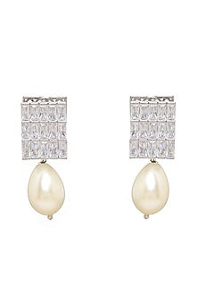 White Finish Zircon & Pearl Drop Loop Earrings
