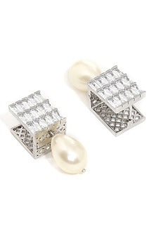 White Finish Zircon & Pearl Drop Loop Earrings