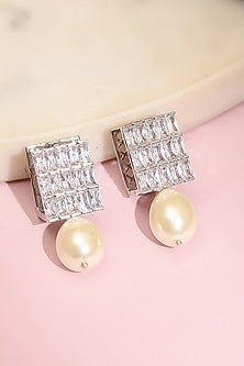 White Finish Zircon & Pearl Drop Loop Earrings