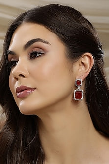 White Finish Red Zircon Dangler Earrings