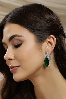 White Finish Emerald & Zircon Earrings