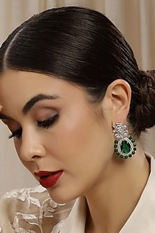 White Finish Emerald & Diamond Dangler Earrings