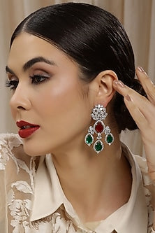 White Finish Diamond & Stone Dangler Earrings