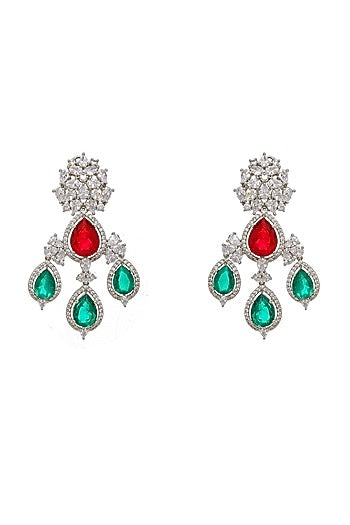 White Finish Diamond & Stone Dangler Earrings