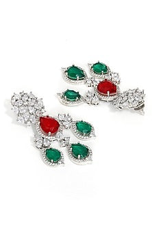 White Finish Diamond & Stone Dangler Earrings