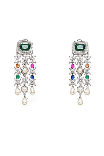White Finish Multi-Colored Stone & Zircon Dangler Earrings