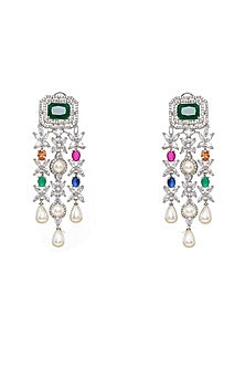 White Finish Multi-Colored Stone & Zircon Dangler Earrings