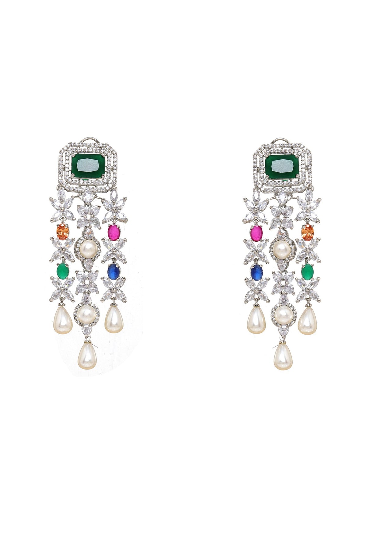 White Finish Multi-Colored Stone & Zircon Dangler Earrings