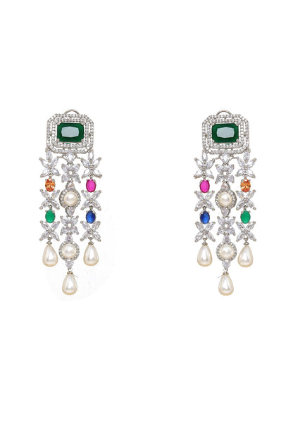 White Finish Multi-Colored Stone & Zircon Dangler Earrings