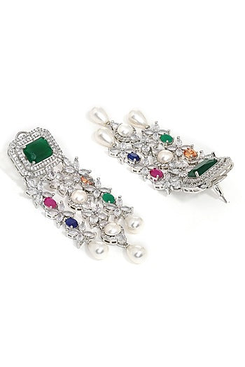 White Finish Multi-Colored Stone & Zircon Dangler Earrings