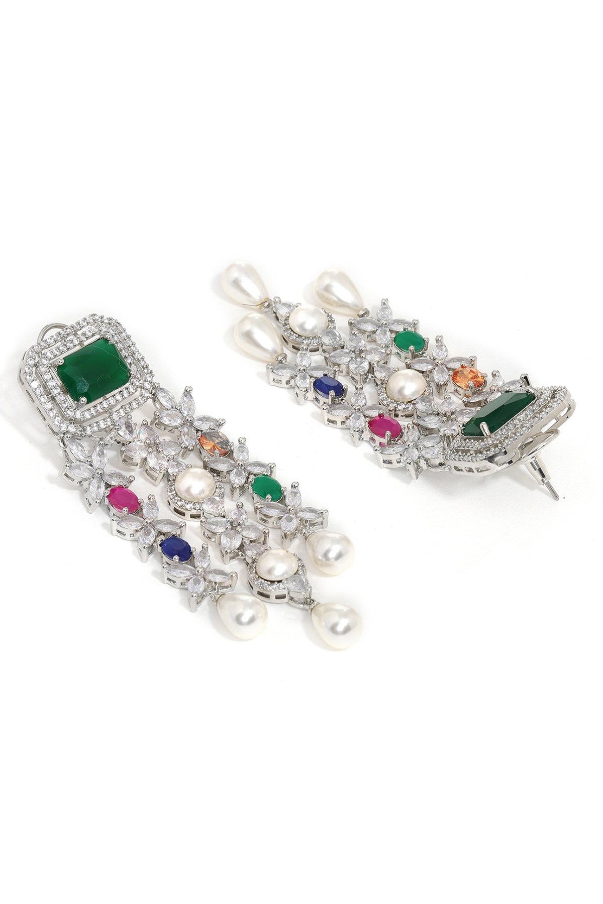 White Finish Multi-Colored Stone & Zircon Dangler Earrings