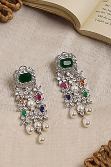 White Finish Multi-Colored Stone & Zircon Dangler Earrings