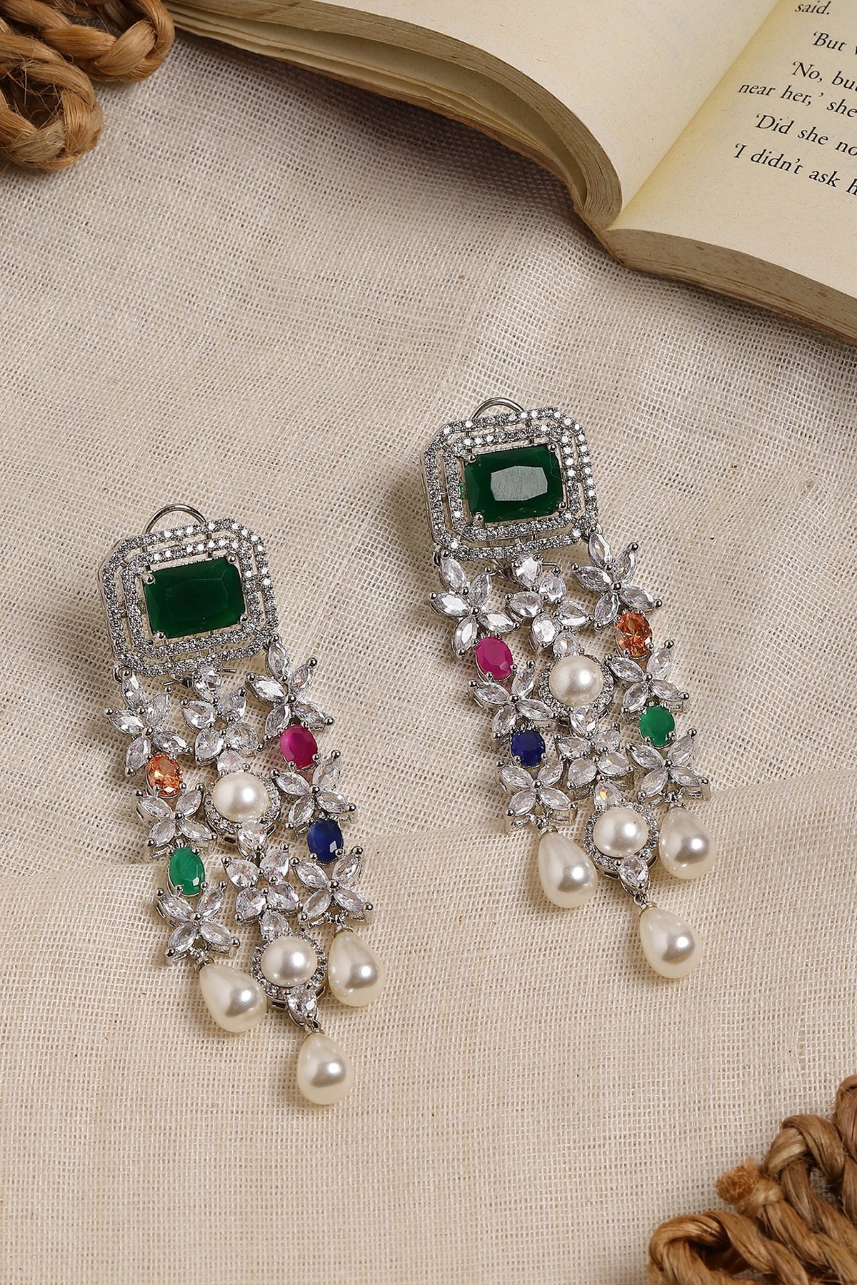 White Finish Multi-Colored Stone & Zircon Dangler Earrings