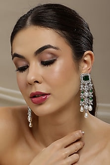 White Finish Emerald Stone & Zircon Dangler Earrings