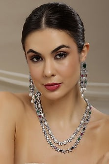 White Finish Multi-Colored Stone & Zircon Long Layered Necklace Set