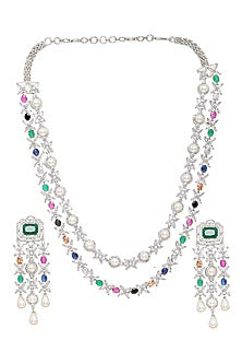 White Finish Multi-Colored Stone & Zircon Long Layered Necklace Set