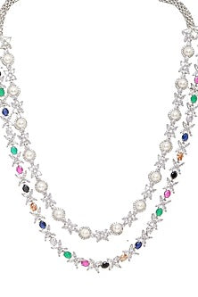 White Finish Multi-Colored Stone & Zircon Long Layered Necklace Set