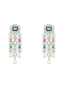 White Finish Multi-Colored Stone & Zircon Long Layered Necklace Set