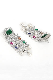 White Finish Multi-Colored Stone & Zircon Long Layered Necklace Set