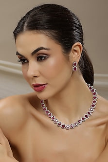 White Finish Maroon Zircon Necklace Set