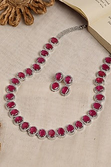 White Finish Maroon Zircon Necklace Set