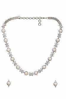 White Finish Pearl & Diamond Necklace Set