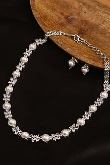 White Finish Pearl & Diamond Necklace Set