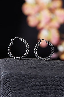 White Rhodium Finish Black Onyx Hoop Earrings In Sterling Silver