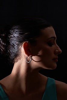 White Rhodium Finish Black Onyx Hoop Earrings In Sterling Silver