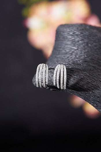White Rhodium Finish Moissanite Polki Hoop Earrings In Sterling Silver