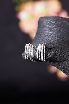 White Rhodium Finish Moissanite Polki Hoop Earrings In Sterling Silver