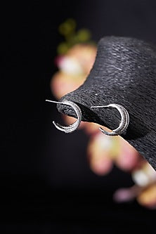 White Rhodium Finish Moissanite Polki Hoop Earrings In Sterling Silver