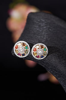 Gold Plated Navratna Stone & Moissanite Polki Stud Earrings In Sterling Silver