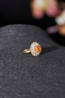 Gold Plated Spessartine Garnet & Moissanite Polki Ring In Sterling Silver