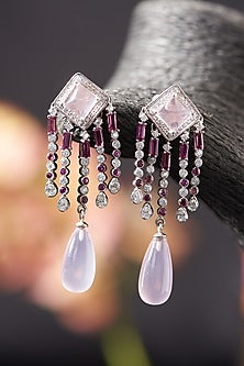 White Rhodium Finish Rose Quartz & Rhodolite Garnet Dangler Earrings In Sterling Silver