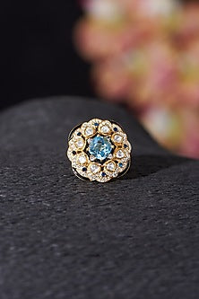 Gold Plated Blue Topaz & Moissanite Polki Ring In Sterling Silver