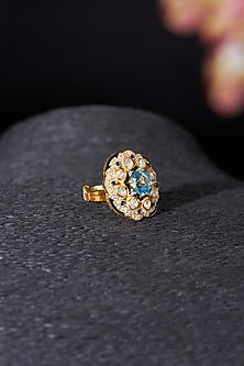 Gold Plated Blue Topaz & Moissanite Polki Ring In Sterling Silver