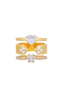 Gold Plated Swarovski Heart Rings (Set of 3) In Sterling Silver
